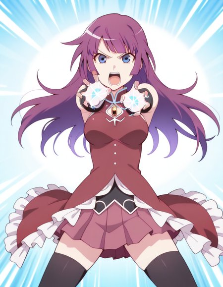 masterpiece, best quality, amazing quality,, <lora:hitagi-senjougahara-anime-illustriousxl-lora-nochekaiser:1>, hitagi senjougahara, bangs, long hair, blue eyes, purple hair, breasts, anime screencap, <lora:sakura-kyoko-cosplay-illustriousxl-lora-nochekaiser:1>, sakura kyoko cosplay, sakura kyoko (cosplay), black thighhighs, cosplay, detached sleeves, dress, frilled dress, frills, long sleeves, magical girl, miniskirt, pleated skirt, red dress, red skirt, sideboob, skirt, skirt under dress, sleeveless, sleeveless dress, thighhighs, zettai ryouiki,, <lora:kamehameha-illustriousxl-lora-nochekaiser:1>, kamehameha, kamehameha (dragon ball), open mouth, incoming attack, torn clothes, shouting, energy, energy beam, energy ball, electricity,, :x, open mouth, , ,