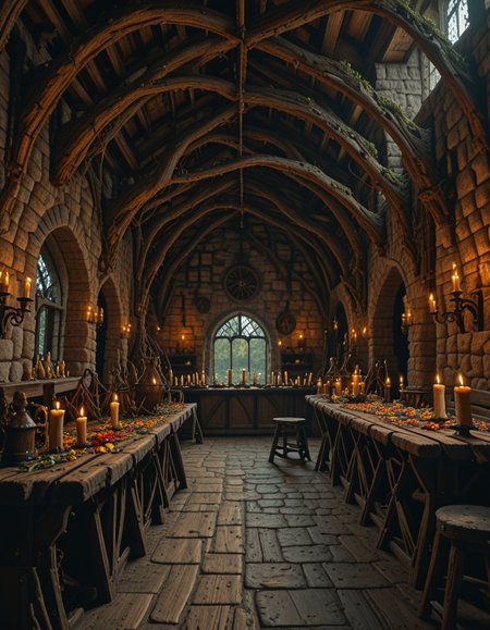 <lora:MW_Tavern01ill:1> mwt01, medieval tavern, indoors, medieval, candles lights, windows, day, arches, white, gold, black, T2, green, T8, forest, tree, vegetation, skylight, sun shades, big room, roots, colorful flowers,