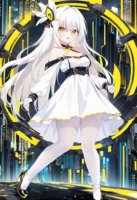 Best quality, masterpiece, sci-fi extremely dark abyss city, one girl with round pert breasts, majestic walk, hands on waist, adorable pure white long loose hair, feather hairpin, adorable smooth face, playful smile, bright yellow eyes, kawaii makeup, beautiful white dress with long sleeves and gloves, slim waist, very short miniskirt, white tights, thick clavicle, thick pelvis, thick hips, thick thighs, heels