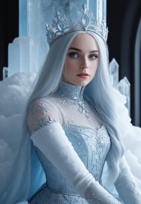 A detailed Gothic tower made of transparent ice with blue shades stands tall. At its base, there are orange desert sands. The sky above is beautiful with fluffy clouds. Ice crystals decorate the tower.
BREAK
1girl, solo, most beautiful 23 yo girl.
At the top, the Snow Queen looks out of a window. Her blue eyes, without pupils, express sadness. She has white skin and wears luxurious medieval winter clothing. Her light blue hair is straight and fluffy like snow, and she wears an ice crown on her head.
(ice interior)
 (8k uhd:1,4)
 <lora:add-detail-xl:1>
 <lora:Dynamic Poses:1>