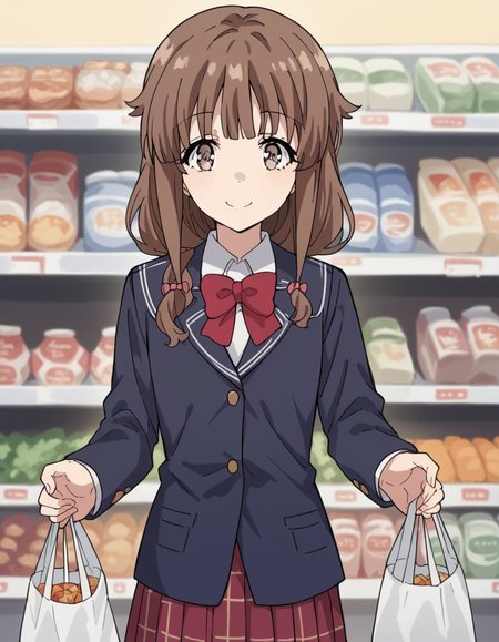 score_9, score_8_up, score_7_up, source_anime, <lora:kaede-azusagawa-s1-ponyxl-lora-nochekaiser:1>, kaede azusagawa, long hair, bangs, brown hair, brown eyes,, skirt, shirt, long sleeves, bow, school uniform, jacket, white shirt, pleated skirt, collared shirt, bowtie, red bow, black jacket, plaid, red skirt, plaid skirt, blazer, red bowtie,, grocery store, cashier, shopping bag, scanning items, small talk, everyday routine, smile, looking at viewer, solo,, cowboy shot, dutch angle