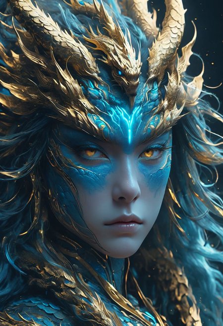 minimalism style, WLOP art style, facial muscles,  eye light, neon blue and gold dragon, cinematic footage,  fantasy, intricate details, 8k post production, dark gold tone blue