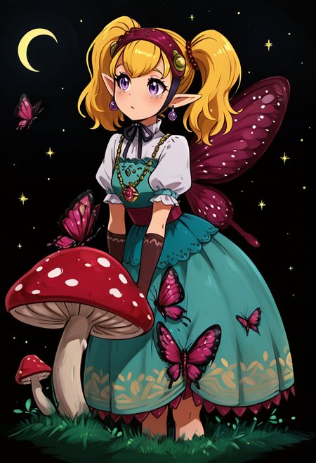 masterpiece, best quality,  <lora:StylizedNightscape_IXL:1.0>,   N1ght, simple background, flower, water, leaf, moon, bug, plant, black background, butterfly, star (sky), mushroom, crescent moon, (giant mushroom),    zzAgitha, purple eyes, blonde hair, hair ornament, hairband, pointy ears, twintails, jewelry, earrings, gloves, dress, butterfly wings, ,<lora:AgithaZelda_IXL:0.7>,
