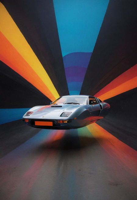 Made of bold lines, vertical lines, 3d deep depth effect, Stretching shadows, Flying hovering Car, a Vintage hovering super car, Hovering_Car, A road stretches behind her head, colorful depth of lenticular, bold lines async, deep blacks,