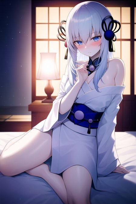 masterpiece, best quality, <lora:YukiOnnaYGOv2-20:0.8>, 

YukiOnnaYGO, IceMayakashi , 1girl, pale skin, solo, looking at viewer, indoors, luxurious , Japanese bedroom , cozy , blush, sitting on bed, bed_sheet, night, warm lighting , bare legs, thighs