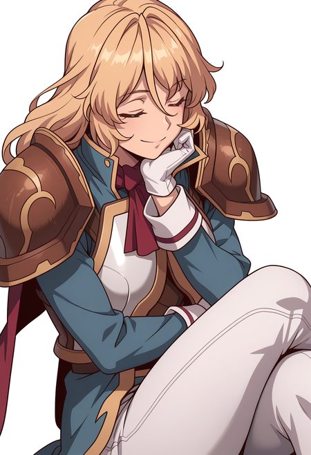 Smooth Quality,masterpiece,very intricate, high quality details, ultra realistic, high detailed skin,detailed enviorement,absurdres,
simple background, white background,
sideways,closed eyes,sitting, legs crossed, hand on chin, smiling, relaxed,  ,
 <lora:Blade_cnn:0.8>bladecnn,1girl,  blonde hair, green eyes, long hair, armor, uniform, long sleeves, gloves, white pants, ascot,shoulder armor,cape, coat,