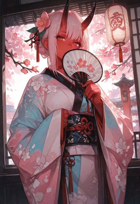 1girl, gorgeous girl , kawaii girl , cute face, masterpiece, best quality, very awa, absurdres, 748cmstyle, usnr
masterpiece, best quality, Good quality, very aesthetic, absurdres, newest,1girl, light rays, looking at viewer, sky, solo, gradient color, erotic, petals falling,
BREAK
ultra-detailed, 8K, illustration, CG, ultra-detailed-eyes, detailed background, ambient occlusion, raytracing, soft lighting, absolutely eye-catching, intricate cinematic background, beautiful face,  , eyelashes, erotic, looking seductive, coy. dynamic action image, detailed face, detailed eyes, direct mesmerizing gaze, mature female, medium breast,
BREAK
sexy, slutty, hot, aroused, 
Aka-Oni, oni, colored skin, red skin, smooth horns, black horns
BREAK
flirting:2.0, flower,
BREAK
(EyesHD:1.2), (4k,8k,Ultra HD), masterpiece, best quality, ultra-detailed, very aesthetic, sharp focus, depth of field, ray tracing, best lighting, detailed illustration, detailed background, cinematic, beautiful face, beautiful eyes, 
BREAK
 japanese clothes, layered kimono, long sleeves, sleeves past wrists, wide sleeves, print kimono, multicolored clothes, multicolored kimono, haori, hair ornament hirabitai, branch, pink flower, plum blossoms, hands up, hand fan, holding fan, covering own mouth, paper lantern,