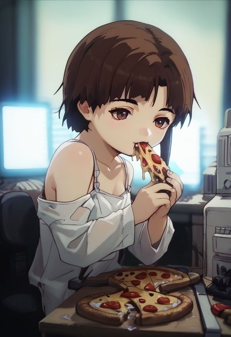 score_9, score_8_up, score_7_up, score_6, source_anime, lain, kneeling, chibi, kawaii, white camisole, (((eating pizza on computer desk, eating pizza over computer keyboard, 
pizza on keyboard, side view))), dark computer room, watercooling systems, computer screens, computer room, computers, computer cables, networl cableslain's bedroom, ((low light, pitch dark)), dark night, dark ambiance, (((puddles, wet floor))), night, teddy bears background