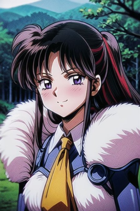 best quality 1girl Setsun4 solo long hair,  (night time) forest background black hair very long hair purple eyes multicolored hair armor, small, (fur trim) (medium body),<lora:EMS-179-EMS:0.800000>,<lora:EMS-293862-EMS:0.800000> bow, hair_bow, hair_tubes, red_bow, brown_hair, long_hair, bangs, ascot, frilled_bow, yellow_ascot, blush, smile, hair_between_eyes, athletic, armor, miko,  Smiling, happy,