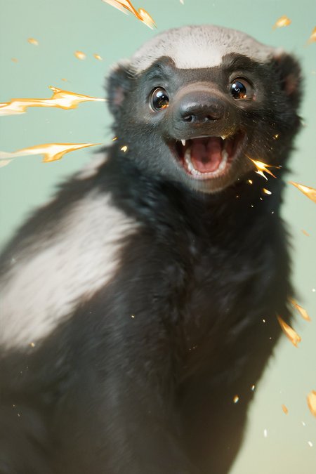 score_9, score_8_up, score_7_up, score_6_up, score_5_up, score_4_up, <lora:HoneyBandgerPDXL:1> honeybadger, white fur, black fur, happy, kawaii, big round eyes,  <lora:Expressive_H:0.7> Expressiveh, sparks
