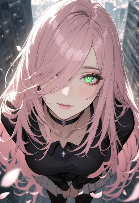 1woman, solo,  long hair, pink hair, black choker, green eyes, one eye covered by hair, eyeliner, gorgeous lips, tights, medium breasts
cinematic, (masterpiece), (best quality), (ultra-detailed), very aesthetic, illustration, detailed eyes, perfect eyes, detailed  face, (beautiful detailed face, beautiful detailed eyes) ,extreme details eyes
planet size, solo, 1girl, defCyn, very long hair, hair over one eye, symbol-shaped pupils, eyelashes, large breasts, facial expression, loving, light smile, head tilt, soft eyes, dreamlike atmosphere, glowing edges, mystical, high contrast, ethereal light, light particles, gl0w, glow, gradient eyes, high gradient eyes, detailed eyes, high definition eyes, standing, black dress, white skirt, pleated skirt, black pantyhose, outdoors, day, petals, (leaning forward on building:1.3), cloudy sky, blurry foreground, angle view, skyscraper, (building size:1.4), giantess, masterpiece, best quality, absurdres, ultra