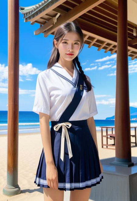 gini_s2, 1girl, solo, a beautiful woman standing at the beach in a japanese silk school uniform, perfect face, blue sky, ((looking at viewer)), ((fullbody)), (masterpiece, best quality, highres:1.3), (intricate and beautiful, side lighting, dynamic lighting:0.6), 
<lora:gini_s2_xl:1>