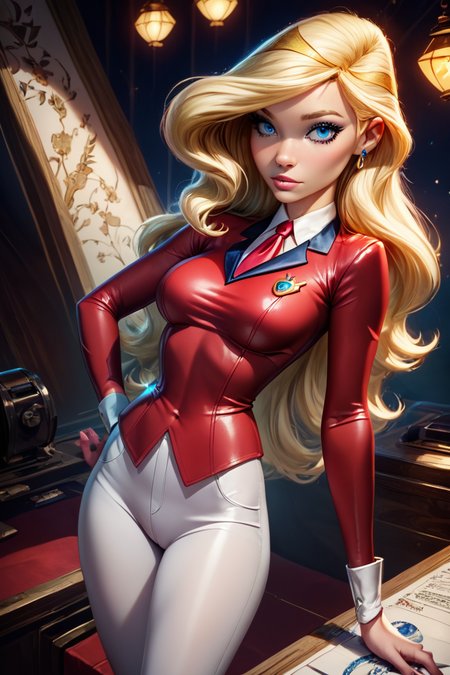 score_9, score_8_up, score_8, medium breasts, (curvy), cute, eyelashes,       ,,, ,  zzSarahWhitney, blue eyes, blonde hair, long hair, red shirt, necktie, white pants, style parody, <lora:SarahWhitneyHorseland_PDXL:1.0>, , BREAK,  (ultra realistic,32k, masterpiece:1.2),(high detailed skin:1.1),( high quality:1.1), head tilt, lips, closed mouth, shiny clothes, (upper body), looking at viewer, bokeh, luminescent background, ,,, embedding:zPDXL, Expressiveh, ,,, <lora:RlAnmPDXL:1.0>,