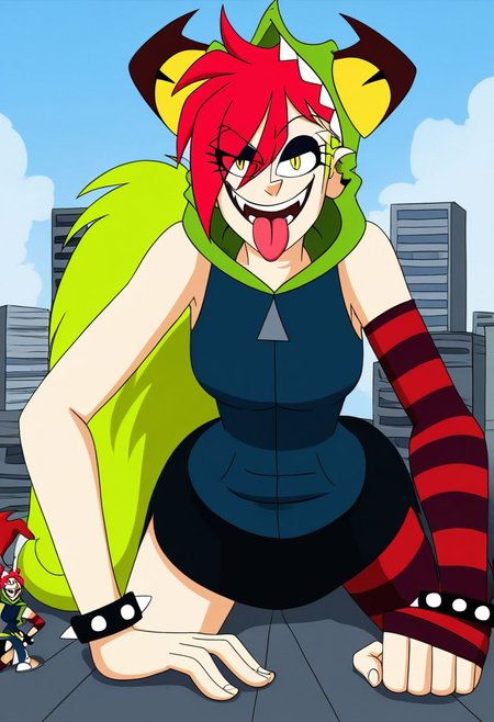 demencia, red hair, green ponytail, striped thighhighs, single striped sock, anklet, green monster hood, yellow eyes, sharp teeth, dark blue hoodie, single striped sleeve, red sneaker, blue sneaker, black skirt, smile, eyeshadow, spiked bracelet, zipper pull tab, torn pantyhose, glove, tongue out, Pov-giantess (macrogts:1.1) (laying on a city (prone) at sunset:1.1), the buildings underneath her body are crushed,