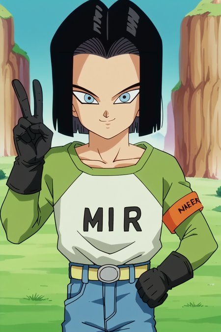 score_9,score_8_up,score_7_up, score_6_up, BREAK, android 17,anime screencap,1boy,solo,upper body,break wasteland, brown ground, plateau, blue sky, grass, water, black hair,short hair, light blue eyes,yellow belt, white shirt,green raglan sleeves, jeans, orange ranger armband,black gloves,hand on own hip, smile,looking at viewer, closed mouth, black clothes writing, long sleeves,mir, hand up, peace sign     <lora:BreakWastelandPony:1>   <lora:Android17Pony:1>