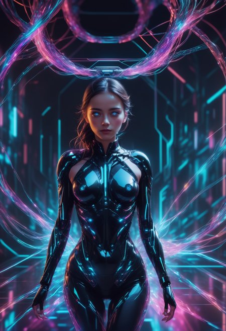 masterpiece, high quality, anime style, 2d, running, heijzel is a cyborg made of Jed-CyFut<lora:CyberFuturisticStyle:0.9> , black choker,medium teardrop breasts,, Heijzel <lora:HeijzelSDXL-000005:0.95>,, Heijzel is a cyborg, created to arouse lust and desire in the other person, her body is well formed, her suit is connected to her body, cables protrude from her bodysuit to the technical devices in the background, the cables are charged with neon light and fill the woman with energy, many cables merge in the most harmonious way of caos in a symbiosis with the background, a sci-fi scenery created to captivate the viewer, Heijzel is pure seduction,  <lora:SDXLFaeTastic2400:0.6>,, She storms towards the viewer, massive speed, focus on the face