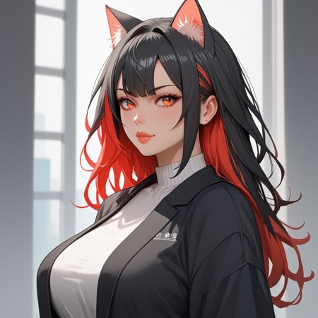 (score_9), (score_8_up), (score_7_up), (score_6_up), (score_5_up), (score_4_up), HD, 10k Res, Gritty, noir, source_anime+, (Cell Shading), (source_anime)+ (masterpiece), best quality, (expressive eyes), (perfect face)+++. Generate an image of N﷿X. 1girl, solo, red_eyes, (black hair)++, long hair, bangs, two-tone_hair, colored_inner_hair, red inner hair, (full_body view)++, descendant of Ritter Adam Von Nutta, milf, detailed eyes, milk, background, hot, sexy, detailed, best milf, catgirl, cat ears, cat tail, csr style
