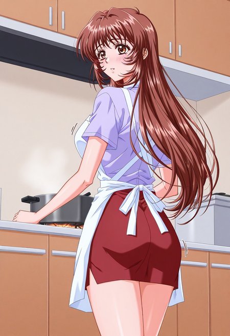 masterpiece, best quality, newest, highres, uncensored, 1girl, yokota mamoru style,1girl, slender face，motion lines,blush
Asaoka Chihiro,Brown Hair, Spiky Bangs, Waist Length Hair,Long Hair,Brown Eyes,Tareme Eyes, Slim,mature female
1girl, solo, long hair, nake apron, cooking, from behind, skirt, kitchen, indoors, short sleeves, food, red skirt