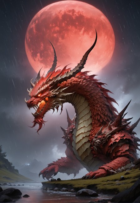 score_9, score_8_up, score_7_up, score_6_up, score_5_up, score_4_up, a majestic dragon top of a mountain, snowstorm in an apocalyptic winter with a red moon in the background and a red sky, vivid colors, vibrant, hair,  surreal images, unreal engine 5, higher resolution textures, 4k graphic resolution,photorealistic,HD32k, colorful,beautiful scenery,rain,starry sky,night, reflection,no humans, vivid colors,