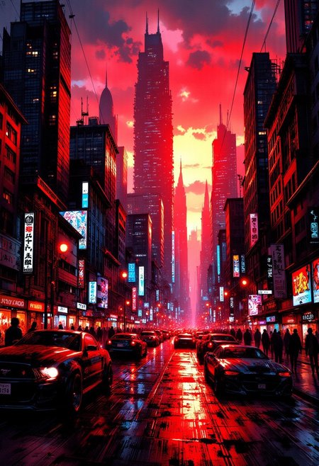 inksketch on rice paper in red and black, traditional japanese art image, cyberpunk cityscape, skyscrapers at sunset, neon signs, video screens, mythp0rt