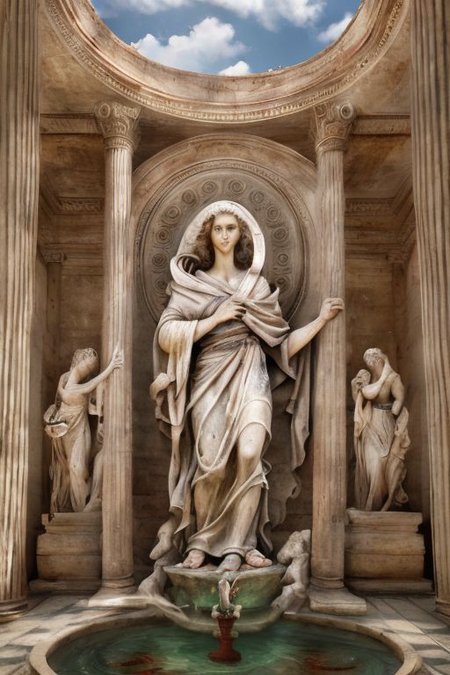 (masterpiece:1.2), (best quality,:1.2), 8k, HDR, ultra detailed, ((photorealistic)), professional light, cinematic lighting, fashion photography, ambient lighting, face lighting, , Fantasy picture, OverallDetail, large ancient roman with a fountain and one statue in the center, RomInt, epiCPhoto,
 <lora:RomanInterior:1>