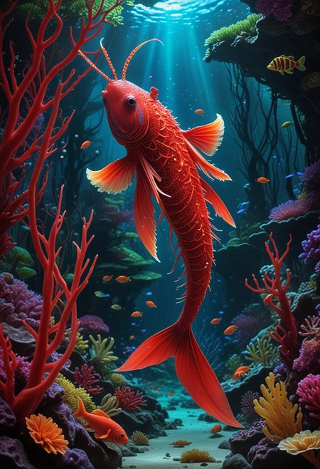 (medium full shot) of (exotic red aquatic creature) with bioluminescent skin, coral growths, elongated flippers, antennae, feathered fins, iridescent skin, pearl ornaments, set in  a vibrant kelp forest, with dense foliage, colorful fish, hidden nooks, lively underwater ecosystem, Masterpiece,best quality, photo, realistic, very aesthetic,