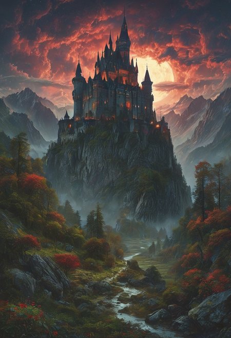 A captivating night scene illustration featuring a forboding and haunted castle on a great  great mountain. The castle and mountain are much like Neuschwanstein Castle in Bavaria.  This enchanting artwork captures a dark and ominous night, where an ominous red bloodmoon hangs above  over the  tree covered mountain range and castle which   stands resolute amidst the great mountains, creating a cinematic experience., illustration, cinematic
<lora:DonM3t3rn1tyXL-v1.1:0.7>, DonM3t3rn1tyXL,
OverallDetailXL  <lora:MJ52:0.3>  <lora:SDXLFaeTastic2400:0.4>  <lora:EpicF4nta5yXL:0.7>
