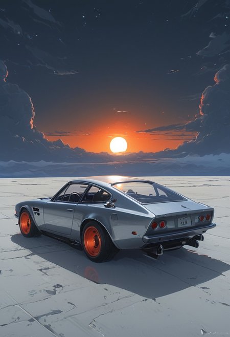 DB4RZ style painting,DB4RZ style painting,(in Otomo Katsuhiro style:1.2), rmbt, a sleek, silver car with glowing red eyes zooms through the vast expanse of space. The sun sets behind it, casting an orange glow on the horizon. In the distance, Cosy, (elaborate fine details:1.1), (hyperdetailed:1.1), (intricate details:1.0), (Refined details:1.1), (best quality:1.1), (high resolution:1.2), <lora:FLUX\Anime v1.3:0.6> <lora:FLUX\Elden_Ring_-_Yoshitaka_Amano:0.5> <lora:FLUX\RetroAnimeFluxV1:0.4> <lora:FLUX\Comic book V2:0.8> <lora:FLUX\PrismaticPersona:0.7>