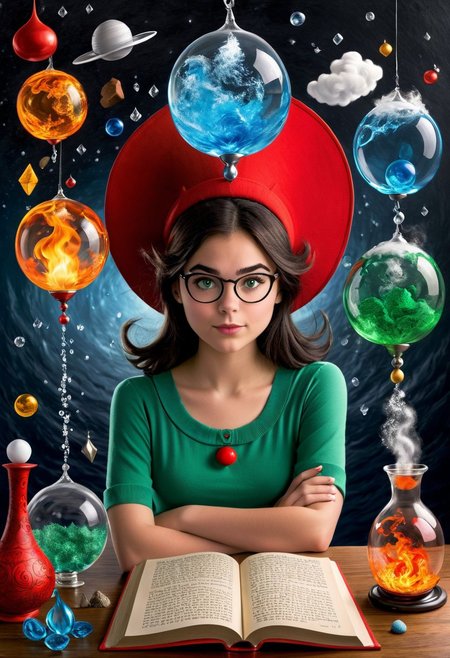 What if the Master of Elements was an playful 18 year old girl, photrealistic, Dr. Seuss style