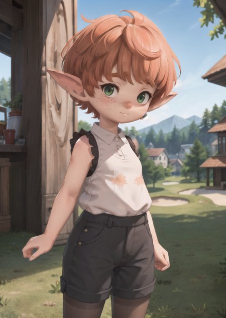 <lora:Mofu_v2-000002:0.8> masterpiece, best illustration, 1girl, solo, Mofufu, Lalafell, brown nose, (green eyes), orange hair, freckles, child, short hair, toddler BREAK
High-waisted golf pants and sleeveless blouse, pantyhose