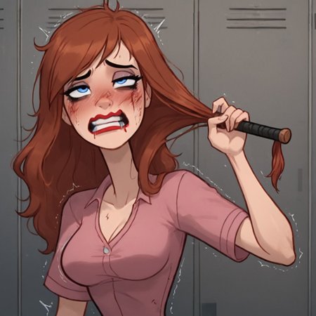 score_9, score_8_up, score_8, 1girl , Nikki Cox, Tiffany Malloy, grabbing hair, 1girl, solo, petite, petit, 18 year old, big breasts, soarse face, school, lockers, slap, slap in face, slap in her face, slapped, bangs, slap by baseball bat, shaggy mullet, blue eyes, auburn hair, big funnel nose, hair, tight  mini pink dress,long legs, tall, ragged clothes. crumpled hair, bad hair,dirty clothes, wrinkled clothes,one eye higher than another, twisted mouth, messed hair, messy hair, in love, extremely in love, blush, arousal, seductive, seductive face, shaking, destroyed face, destroyed body, awful skin face,  long hair, makeup, lipstick, young, skinny, narrow waist, fragile, sexy, perfect body,detective betheerz dress, dynamic pose, posing,  wounds, hit herself,  selfharm, self harm, wounds on face, wounds on body, extreme amount of wounds, wounds everywhere, tired, tired af, extremely tired, tired eyes, huge amount of tireness, absolutely tired, bags under eyes, shiners, stupid, dumb, extremely stupid, extremely dumb, no brain, brain damage, stupid blonde, extremely stupid blonde,  blue eyes, eye twitching, nervous eye twitching, extremely hard eye twitching, totally burnt hair, sexy, horny