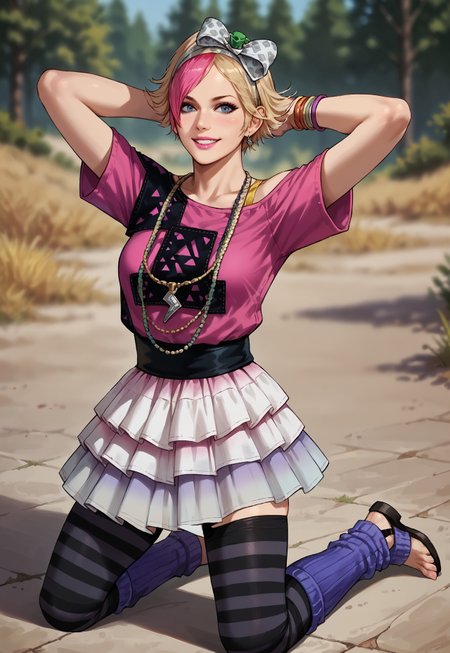 safe_pos, Score_9_up, score_8_up, score_7_up, source_realistic, BREAK smile, 1girl, solo, 1girl, RosalindLPC, hair bow, two-tone hair, makeup, shirt, off the shoulder, necklace, pendant, bracelets, bra strap, layered skirt, striped thighhighs, leg warmers, kneeling, hands behind head,