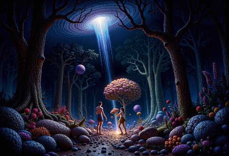 (in full view:1.2), (seen from a distance, wide angle:0.55), The style a combination of [Clyde Caldwell|Earl Norem|Christopher Balaskas], Under lighting, alien planet, alien plants, bioluminescent plants. Harmonious madness, synergy with chance, unique art style, mind bending art, magical surrealism. Digital painting in a realistic style representing strange visions of A forest, struck by a meteorite has been altered by radiation coming from the meteor. The forest, once a popular place for walks has transformed into something out of another dimension. The trees, plants and animals have all begun to transform into life forms alien to earth. NeuroWeave animals have been seen and reported to the authorities that can change form at will or part of its body can break off change into something else When. The wild flowers have become more colorful and have unusual patterns. A digital rendering, high-res, ultra detailed, photo manipulation, altered realities, low light <lora:Midjourney_Whisper_Chromaplex_Velvet_Myst_v01:0.3> <lora:aiai-Glimra-Flux-Dev-v2:0.3> <lora:flux.1_lora_flyway_Epic_gorgeous-detail_v2:0.35> <lora:Amazing_scenery_V2:0.35> <lora:DiCiple_flux-000001:0.25> <lora:UltraReal_Fine-Tune:0.3> <lora:Realism-lora-Flux:0.3> <lora:daniel_douglas-flux:0.5> <lora:Bio-LuminescenceSDXL:1> <lora:low-light-flux-v2:0.5>