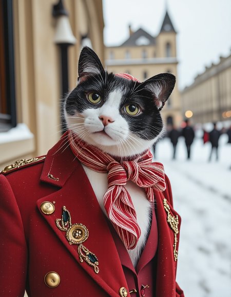 The image is a high-resolution photograph of Berkeley Cat, a black and white cat. He is standing in front of a snow-covered, historic building with ornate architectural details. The cat is dressed in a striking, richly detailed dapper velvet coat in a deep red color, a red and white pinstriped scarf, gold buttons, and intricate gold embroidery on the sleeves. He is wearing a crown with glittering gems in it. The cat has a funny, happy expression, with a slight tilt of its head and a direct gaze at the camera. <lora:Hyper-FLUX.1-dev-8steps-lora:0.15> <lora:ChristmasCouture:1> <lora:Berkeley_FLUX_3:1.5>