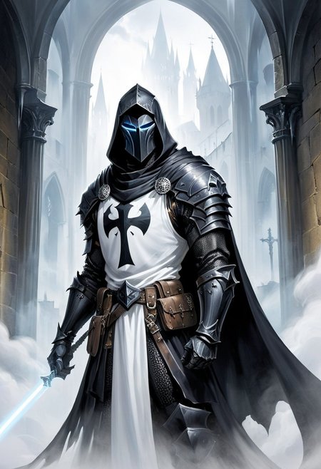 score_10, score_9, score_9_up, score_8_up, score_7_up, masterpiece, best quality, ghost, black armor, black knight, hood, ((hood over helmet)), black hood, duo focus, multiple_boys, 2boys,, two figures, Fantasy, knight, gothic, full plate armor, armor, black, cloak, hood, sith, sword, heavy armor, white light saber, white tabard, shield, reflection, spirit, translucent, black mist, paladin, fighter, rogue, vivid color, castle,
