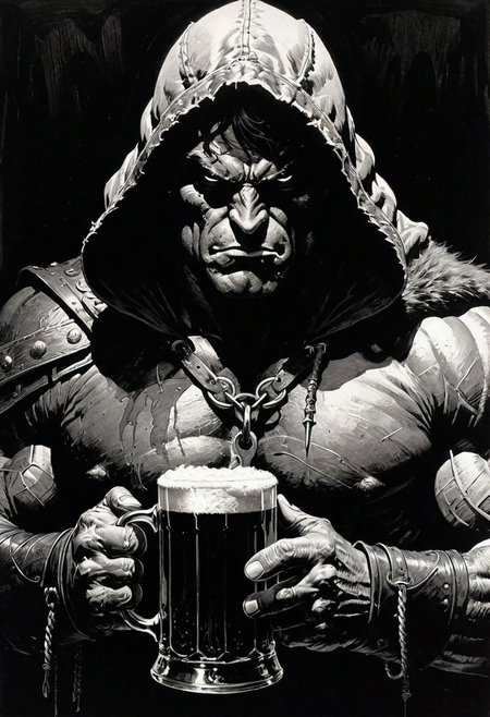highly detailed ink drawing in the style of Frank Frazetta. an extreme close-up on the face of a formidable muscular figure shrouded in a dark hood, holding a large mug of ale, in a rowdy tavern.