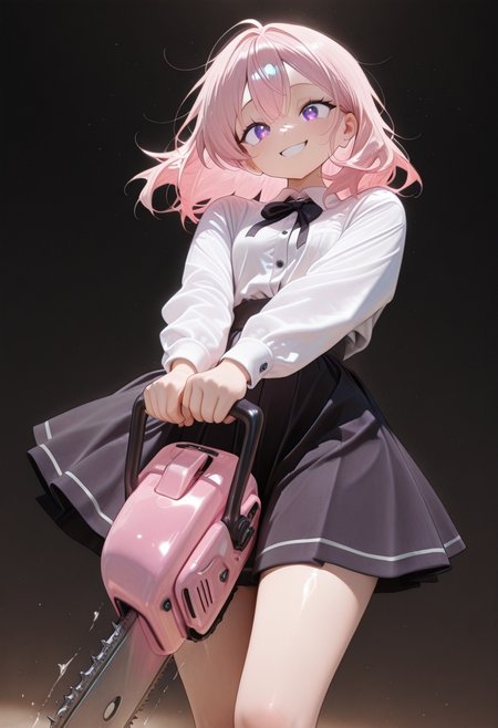 (masterwork, masterpiece, best quality, hyper-detailed, 8k uhd:1.4), 
1girl, solo, CivChan, purple eyes, pink hair, medium hair, school uniform, standing looking sweet, coy, smiling sweetly, dark background, 
holding a chainsaw, motion line, motion blur, 
masterpiece, extremely aesthetic, highly detailed, dynamic composition, vibrant colors, vivid colors, saturated,
<lora:LoraILXL10_YamiStyle_v1:0.8> <lora:CivChan:1>