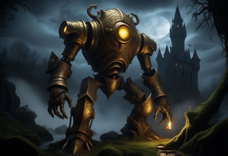 giant bipedal robot brass and dark yellow paint, bronze paisley robot. lacy robot metal. crawdad helmet head. outside of a steampunk keep. large detailed torso. dark image. one forty foot tall ancient robot with great arms and two heavy spring legs. dark foggy night background. $dark foggy night image only. dark photo realistic image. steampunk details. cogs, chains and pipes incorporated in the fantasy buildings. magic wizards tower in background. Dark swamp, moss, castle ruins, wizards tower. stormy dark night.  stormy sky. spooky trees
