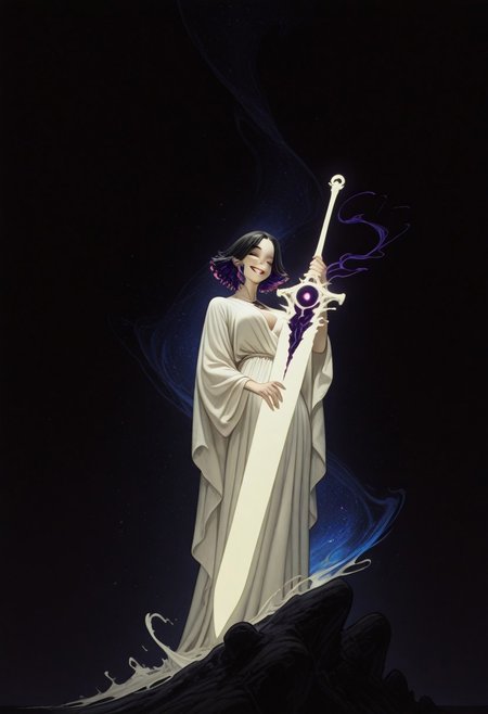 Bright, almost blinding monochrome manga sketch, minimal rough lines, seductive female embodiment of Death, long white robe flowing like liquid light, voluptuous woman, detailed face and hair, robe merging into surrounding glowing void, massive indistinct sword shimmering with unreal radiant energy, face as white void, wicked teasing grin piercing the light with eerie clarity, raw unfinished feel, heavy highlights, stark white contrasts, tense mysterious atmosphere, sketch texture, high contrast ink style, dynamic linework, abstract glowing space, unsettling visual tension, minimalist composition, light fantasy aesthetic, ethereal presence, subtle energy distortion, blinding brightness, 8k resolution, ArtStation trending, award-winning composition. giant sword, huge sword