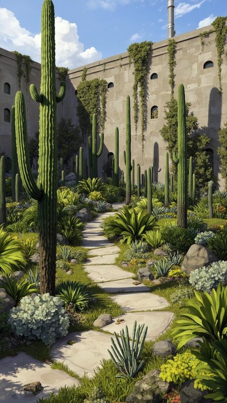 <lora:ck-LttleGhost-000011.safetensors:1> in the style of ck-lttlegh0stA sprawling desert garden covers a worn concrete wall, where succulents in varying shapes and greens thrive alongside towering columnar cacti. The scene is set against an industrial backdrop, with a winding stone path guiding the viewer through the tranquil, vibrant landscape.