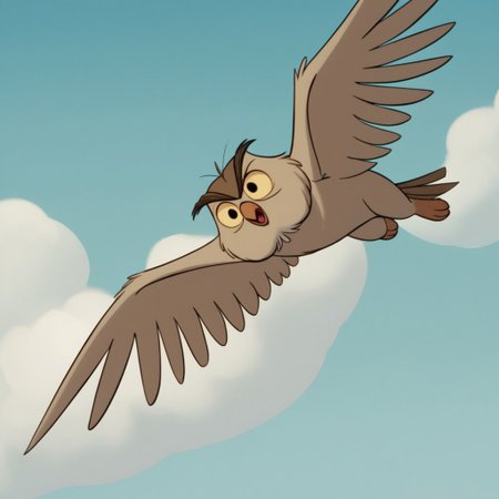 score_9, score_8_up, score_7_up, score_6_up, score_5_up, score_4_up, source_furry, Archimedesowl, feral, male, owl, brown feathers, yellow sclera, black eyes, flying, sky, clouds