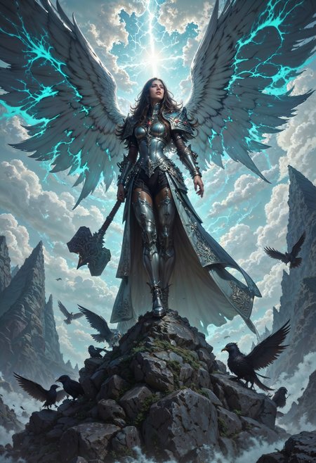 A celestial warrior queen standing atop a jagged mountain peak, her silver armor gleaming under flashes of lightning. Her long, wild hair flows in the tempest, and her eyes glow with the brilliance of a storm. Wings of pure, crackling energy extend from her back, arcing with raw power as they pulse against the raging sky. She wields a colossal warhammer forged from storm-forged steel, each strike sending tremors through the clouds. Around her, spectral ravens circle, their eyes crackling with electric energy, heralding the coming of the tempest. The storm swirls chaotically behind her, a maelstrom of clouds, wind, and thunder.