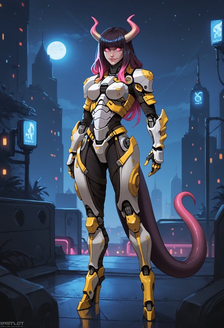score_9, score_8_up, score_7_up, city at night, scenery, highly detailed, science fiction, metropolis, armor, full body shot, medium breasts, solo, (tail, female monster:1.1), blunt bangs, hair covering eyes, horns, pink and yellow straps, gradient hair, pink eyes, dreamy eyes, light smile, 
 <lora:ArmorPunkV3-000002:1>, arm0rpunk, high contrast, vibrant colors,