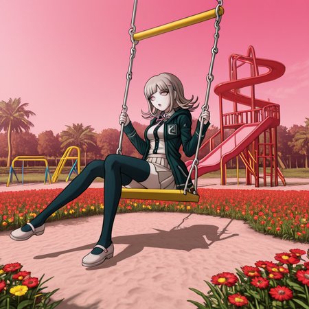 masterpiece, best quality, absurdres, <lora:Danganronpa_Locations:1>,  danganronpa sprite style, danganronpa_sprite_style , <lora:Chiaki_Nanami_Illustrious:0.2>,danganronpa_(series), danganronpa_2:_goodbye_despair, nanami_chiaki,1girl, breasts, brown_hair, collared_shirt, flipped_hair, hair_ornament,hood, jacket, long_sleeves, medium_hair, neck_ribbon, open_clothes, open_jacket, pink_eyes, pink_ribbon, pleated_skirt, ribbon, shirt, skirt, solo, spaceship_hair_ornament, thighhighs, white_shirt, shoes, pink_shoes , pink_background,heart_pattern,playground,slide,swing,sunflowers,pink_swing_set,red_slides,white_floating_hearts,flower_bed,yellow_flowers,red_flowers,sunny_environment,clear_sky,bright_light,outdoor_scene,pink_and_red_theme,floating_objects,colorful,danganronpa,danganronpa_(series),danganronpa_2:_goodbye_despair,danganronpa 2,danganronpa sprite style,danganronpa_sprite_style