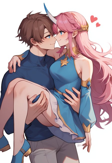 score_9,score_8_up,score_7_up,<lora:princess_carry_pony_pony:1>,1girl, 1boy, character: haro, white background, simple background, carrying, hetero, looking at another, holding, smile, single horn, horns, blue eyes, pink hair, long hair, brown hair, short hair, blue shirt, shirt, dress, pants, blue footwear, skirt, grey pants, detached sleeves, sleeveless, bare shoulders, heart, couple, twitter username, princess carry