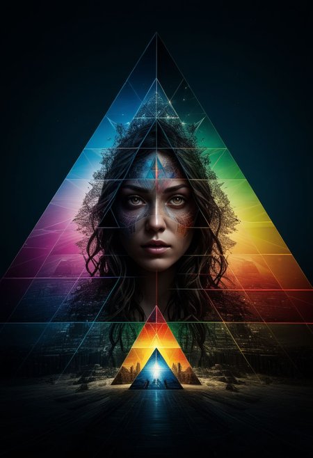 Close-up, album cover, mysterious silhouette woman, (light ray shining on pyramid prism splitting in rainbow colours, dark side of the moon), goddess, alluring, by Minjae Lee, Carne Griffiths, Emily Kell, Steve McCurry, Geoffroy Thoorens, Aaron Horkey, Jordan Grimmer, Greg Rutkowski, amazing depth, double exposure, surreal, geometric patterns, intricately detailed, bokeh,  perfect balanced, deep fine borders, artistic photorealism , smooth,  great masterwork by head of prompt engineering   <lora:add-detail-xl:2>  <lora:Double_Exposure:0.5>