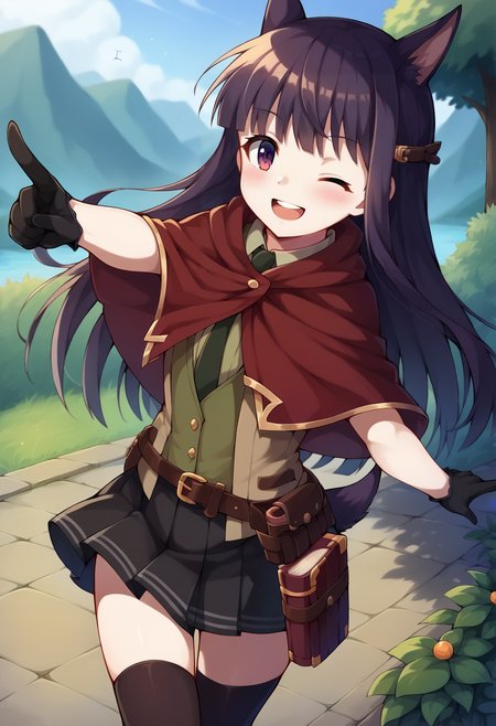 score_9, score_7_up, hd, (ultra hd quality details), source_anime, outdoors,
solo, 1girl, pcrkasumi, long hair, extra ears, dog ears, dog tail,
ksmdef, red capelet, green vest, collared shirt, necktie, black gloves, black skirt, pleated skirt, frills, belt, book holster, black thighhighs,
looking at viewer, blush, smile, upper teeth only, 
standing, pointing, one eye closed, 
<lora:_kasumi_pcr-elesico-ponyA:1>