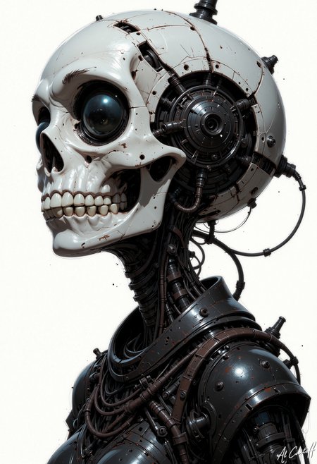 Low-angle shot, 35mm prime lens with minimal distortion, no motion blur, deep f/1.4 depth of field. Black-and-white image with stark contrast. A skeletal figure with mechanical components, resembling a cyborg, occupies the frame. The subject's head is a skull with a large, hollow eye socket, and the neck is exposed, revealing intricate mechanical parts. The figure's skin is a mix of bone and metal, with wires and gears visible. The background is a plain white, emphasizing the subject. The style is gritty and industrial, with a focus on the interplay between organic and mechanical elements., MysticComic, comic book style, Niji Stan Katayama Style, CreeepyCuteMagic<lora:Flux/Niji_B_anime.safetensors:0.5:0.5> <lora:CustomFlux/MysticComic.safetensors:0.5000000000000001:0.5000000000000001> <lora:Flux/creeepycutemagic-000012 - version ER.safetensors:0.5000000000000001:0.5000000000000001>