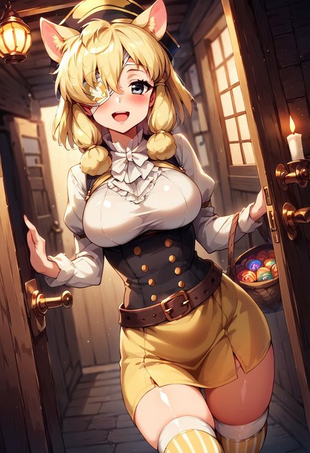 1girl, ((solo)), best quality, ultra-detailed, extremely detailed, perfect anatomy, masterpiece, score_9, score_8_up, score_7_up, Expressiveh, alpaca suri (kemono friends), alpaca ears, hair over one eye, bangs, blonde hair, grey eyes, sidelocks, hair tubes, hair bun, tail, short hair, horizontal pupils, outdoors, neighborhood, trick-or-treating, pumpkins, candles, halloween, trick-or-treater, holding halloween basket, candy basket, front_door, open door, standing at the front door, viewer pov, pirate, light-yellow pirate hat, (pirate hat:1.1), light-yellow pirate outfit, light-yellow blouse, light-yellow skirt with trim, light-yellow thighhighs, thighhighs, striped thighhighs, striped gloves, thigh squish, fully clothed, pirate gloves, pirate boots, belt, accessories, white trimmed sleeves, white trim, curvy, medium breasts, blushing, looking at viewer, soft blush, open mouth smile, cute look, closeup, fur trim thighhighs, (dutch angle:1.1), depth-of-field, ears sticking out of hat, thobrine, shiny skin, yellow eyepatch, (eyepatch:1.1), pirate_eyepatch,