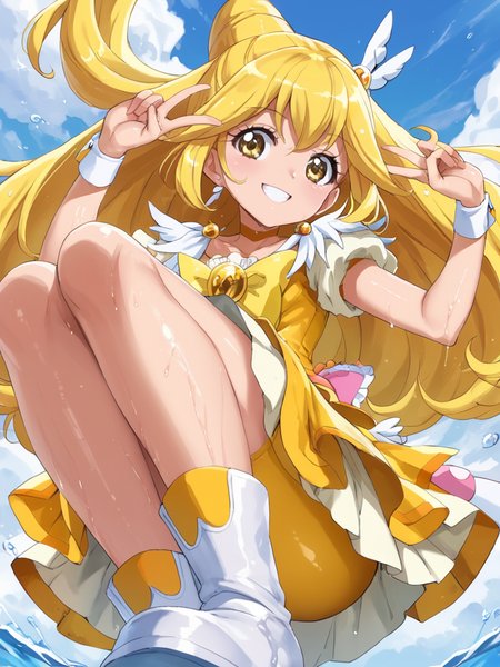 score_9,score_8_up,score_7_up,score_6_up,
curepeace, shiny, shiny skin, wet, wet skin, v, wing hair ornament, wrist cuffs, yellow bike shorts, shorts under skirt, white boots, smile, 
 <lora:Pony_DetailV2.0:0.75>  <lora:curepeace.pony:0.75>
